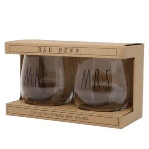Rae Dunn Enchanté Set Of MR & MRS Stemless Wine Glasses Wedding Toast NEW 2021